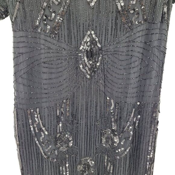 Vintage 80s Silk Black Beaded Sequined Short Sleeve Flapper Dress Sz M Cutout - Picture 6 of 14